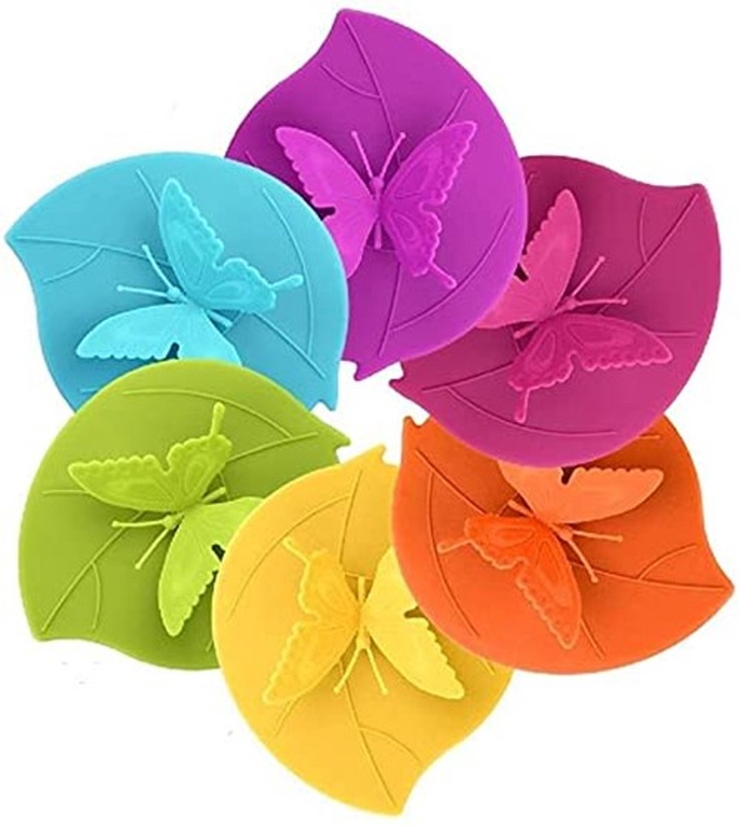 aladdien - Siliconen bekerafdekking - Vlinder - Anti-stof glazen afdekking - 6 stuks - Dekselset - Voor kopjes - Kleur: multicolor
