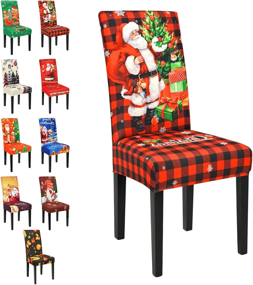 Set van 6 Verstelbare Kerstmis Stoelhoezen met Santa Claus Motief - Universele Elastische Bescherming voor Eetkamer, Hotel en Feestjes - Wasbaar en Verwijderbaar