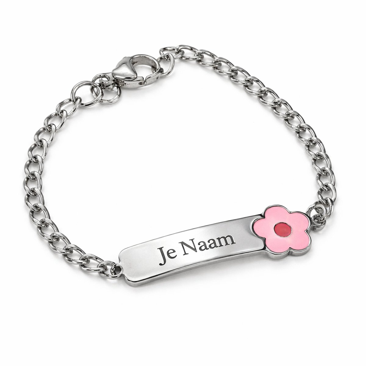 Armband met graveer, Armband met naam, Gepersonaliseerde kinderarmband met naamgravure en bloemenbedel - zilverkleurig, Armband met naamplaatje ,graveerarmband