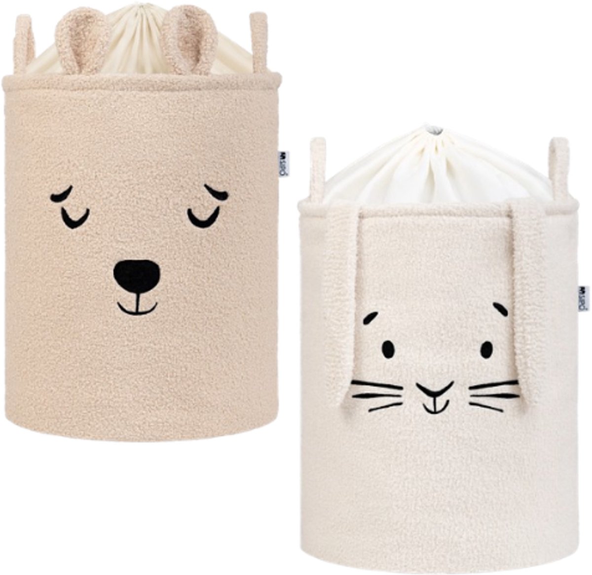 SIPO - Speelgoed Opbergmand - Bouclé Beige Beer & Crème Konijn - Opbergmand Kinderkamer - Speelgoedmand Wasmand - Stoffen Mand - Grote Opbergmand met Trekkoord & Handvatten - Scandinavische Kinderkamer Opberger - 43L - 35 x 35 x 45 cm