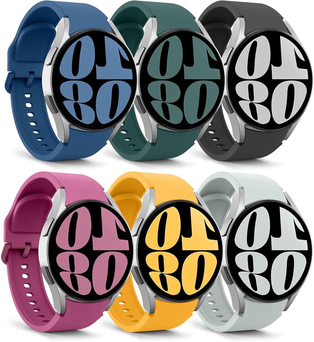 Set van 6 Sportbanden voor Samsung Galaxy Watch 6/5/4 - Zachte Silicone Vervangbanden in Diverse Kleuren, Waterdicht en Zweetbestendig, Geschikt voor 40mm, 44mm, 43mm, 47mm, 45mm, 42mm en 46mm
