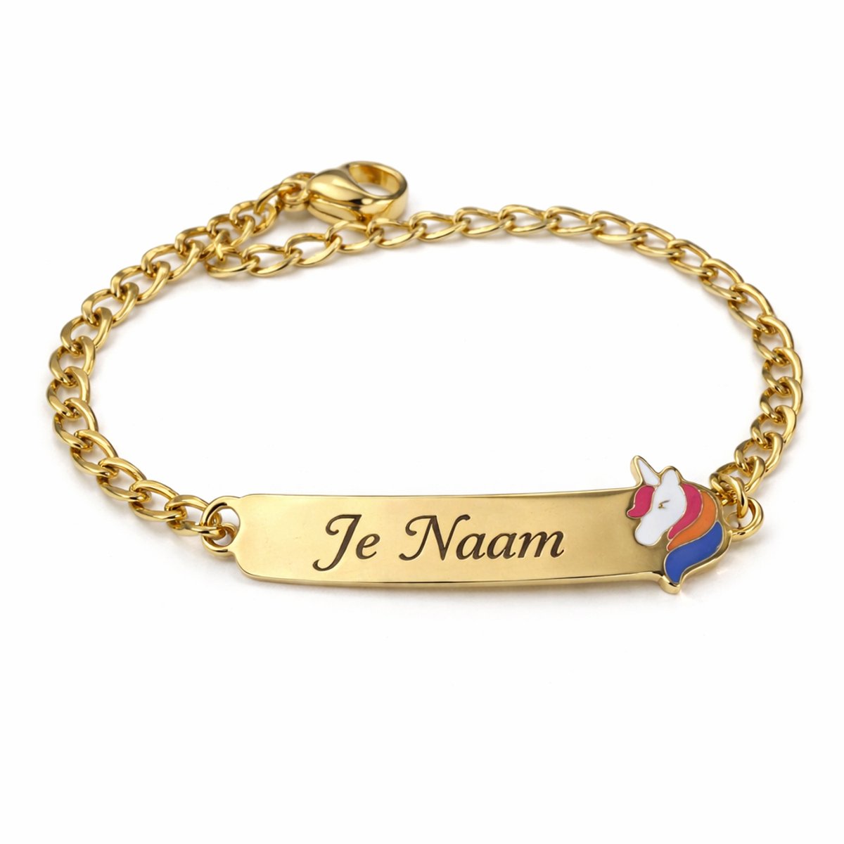 Armband met graveer, Armband met naam, Gepersonaliseerde kinderarmband met naamgravure en eenhoorn bedel - goudkleurig, Armband met naamplaatje ,graveerarmband