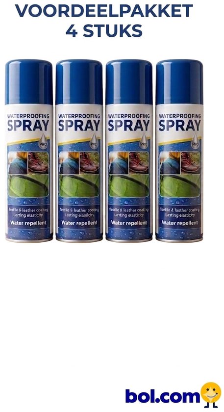 Vier spuitbussen waterdichte spray met blauwe doppen, met 'VOORDEELPAKKET 4 STUKS' bovenaan.