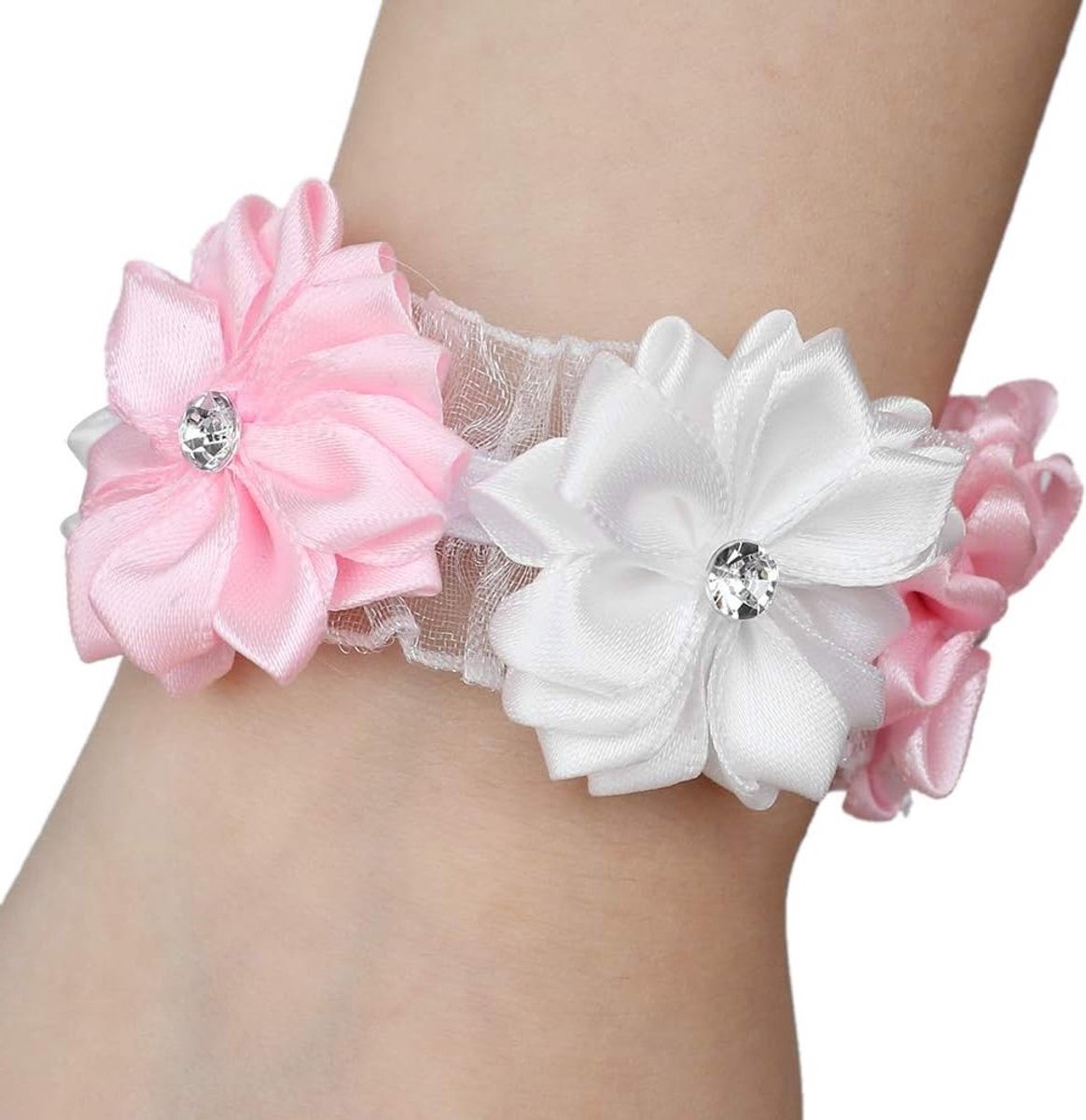 6 Stuks Polsbandjes met Bloemen voor Bruidsmeisjes - Simulatie Satijn en Decoratie voor Bruiloften (Roze en Wit)