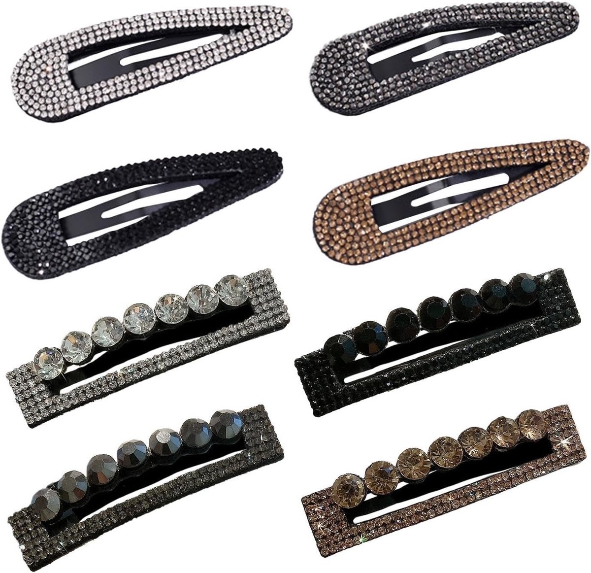 Set van 8 Haarspelden met Strass Steentjes - Diamant Haarclips voor Vrouwen, Zilveren Metalen Haaraccessoires met Drukknopen