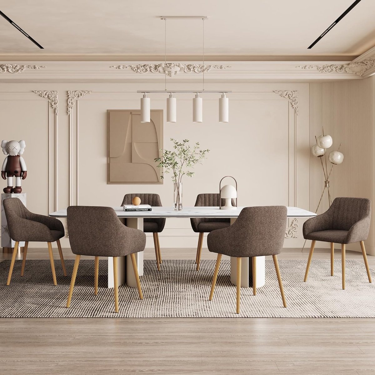 Eetkamerstoelen Set van 4 – 82 cm Gestoffeerde Stoelen met Armleuningen, Polyester Bekleding en Houten Poten – Luxe Comfort Stoel Donkergrijs – Urbanhome