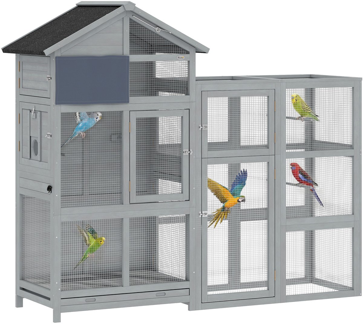 PawHut Vogelkooi-dennenhout, metaal-196L x 60B x 164,5H cm-grijs