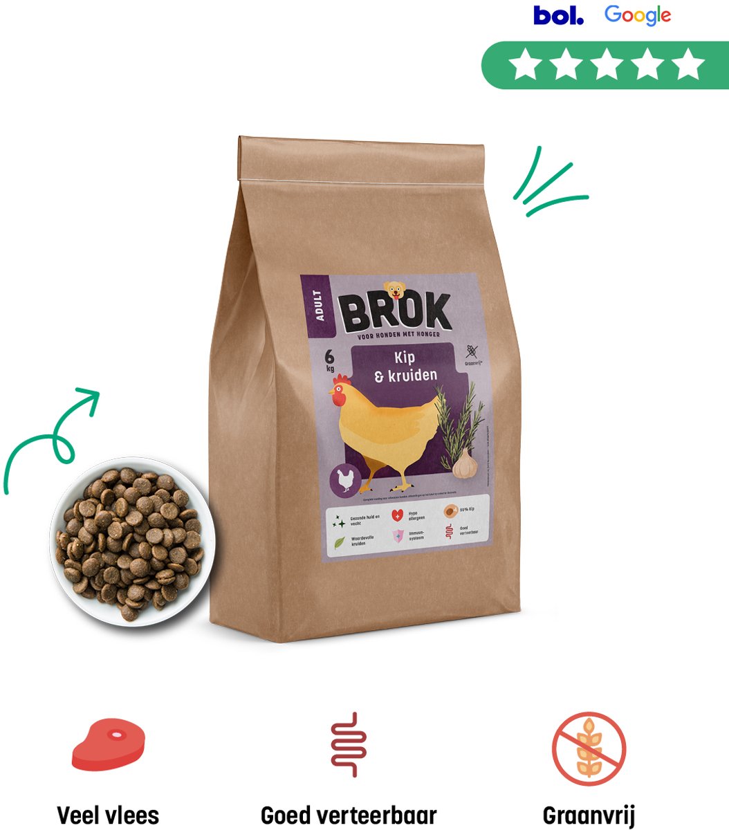 BROK Hondenvoeding - Kip & Kruiden - 6 KG Graanvrij Hondenvoer - BROK voor Volwassen Honden - Gezonde Hondenvoeding - Licht Verteerbaar Hondenvoer - Hondenbrokken Met Veel Vlees - Premium Hondenvoer