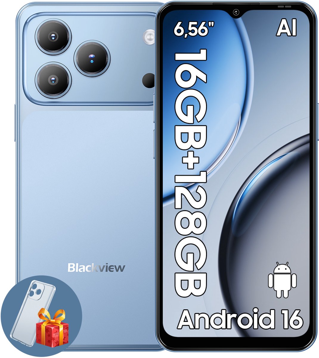 Blackview WAVE 7C Smartphone 4G AI - DUAL SIM - 16GB RAM - 128GB ROM - Android 16 Telefoon - 6,56 inch - 5000mAh - GPS - Blauw