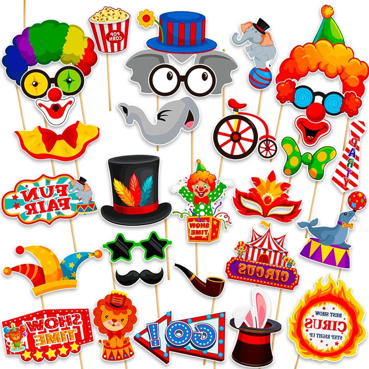 Circusthema Decoratie voor Feesten, Kleurrijke Clown Props, Foto Booth Accessoires met Hoeden, Maskers en Ballonnen