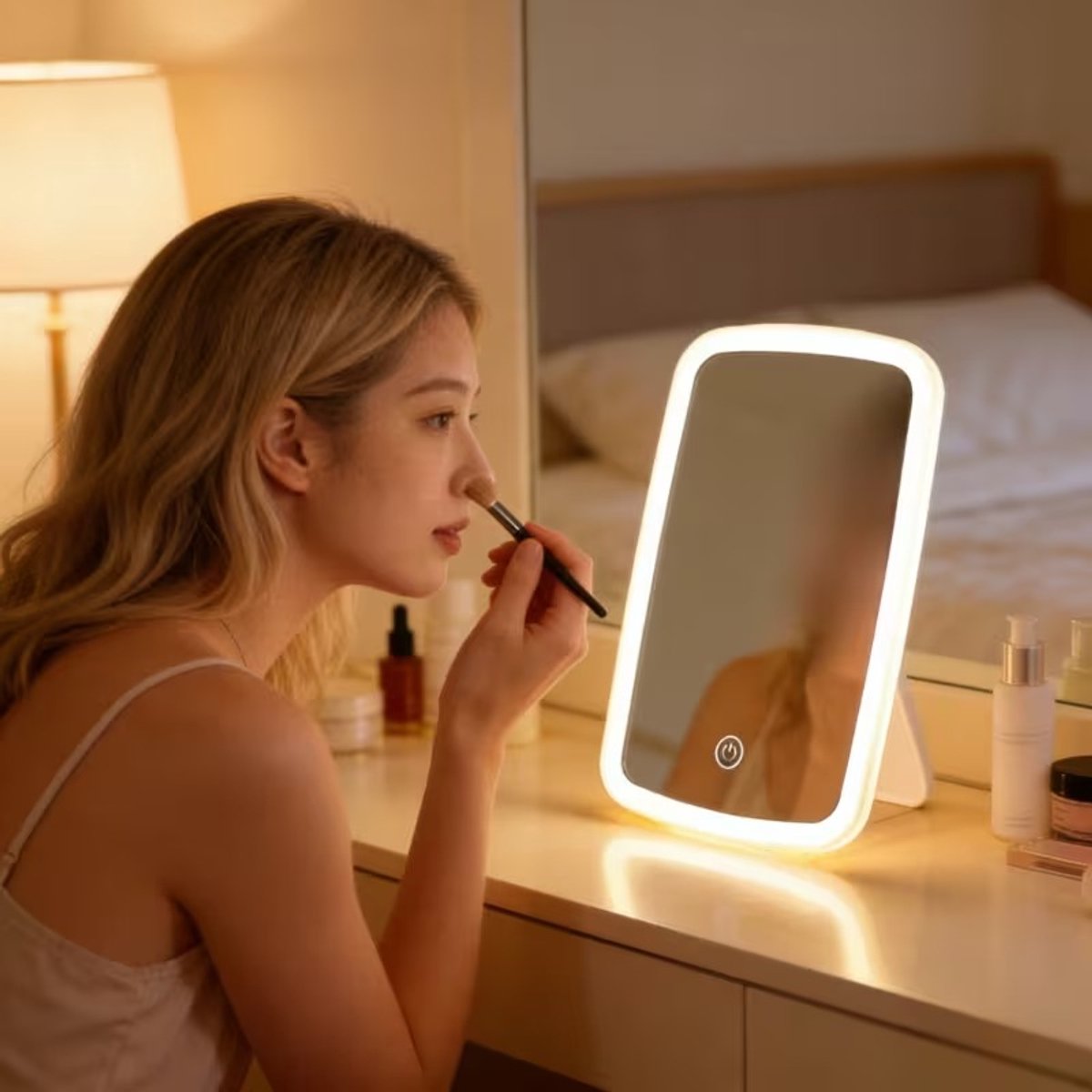 make-up spiegel met LED-verlichting die drie instelbare kleuren aanbiedt, via USB oplaadbaar is en een opvouwbaar tafelmodel heeft. Het is ideaal voor vrouwen, draagbaar voor thuisgebruik, heeft een touchscreen en is perfect voor reizen