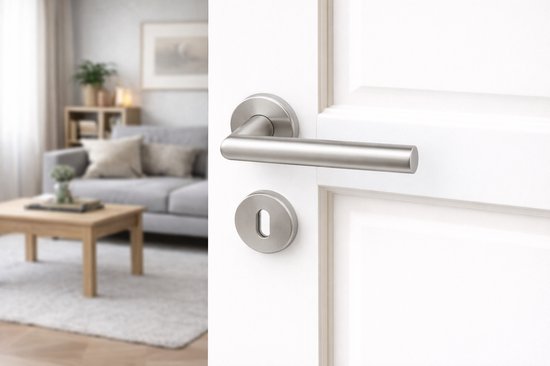 Slotman Solutions Deurklink Set RVS Geborsteld Rond Rozet BB55 | Deurbeslag met Sleutelgat | Complete Deurkrukken Set voor Binnendeuren | Inclusief Bevestigingsmateriaal
