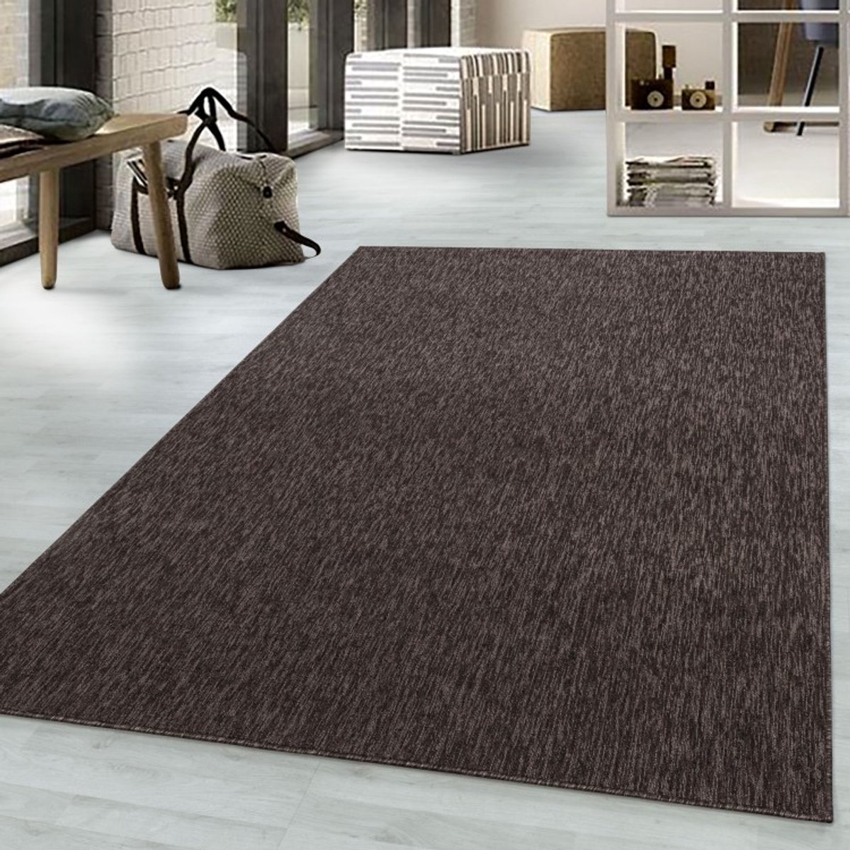 Hoogglanzend gemarmerd vloerkleed met korte pool, 4 mm hoog, bruin 60x100 cm