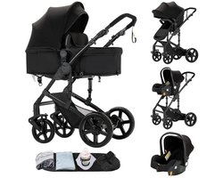 Deliqa 3 in 1 kinderwagen - zwart- buggy - wandelwagen - eenvoudig inklapbare kinderwagen - compact opvouwbaar - inclusief reiswieg / autostoel , buggy , ligbak , voetenzak, regenhoes , klamboe - verstelbare handvat - vering