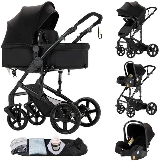 Zwarte kinderwagen met reiswieg, zitting en autostoel, met accessoires.
