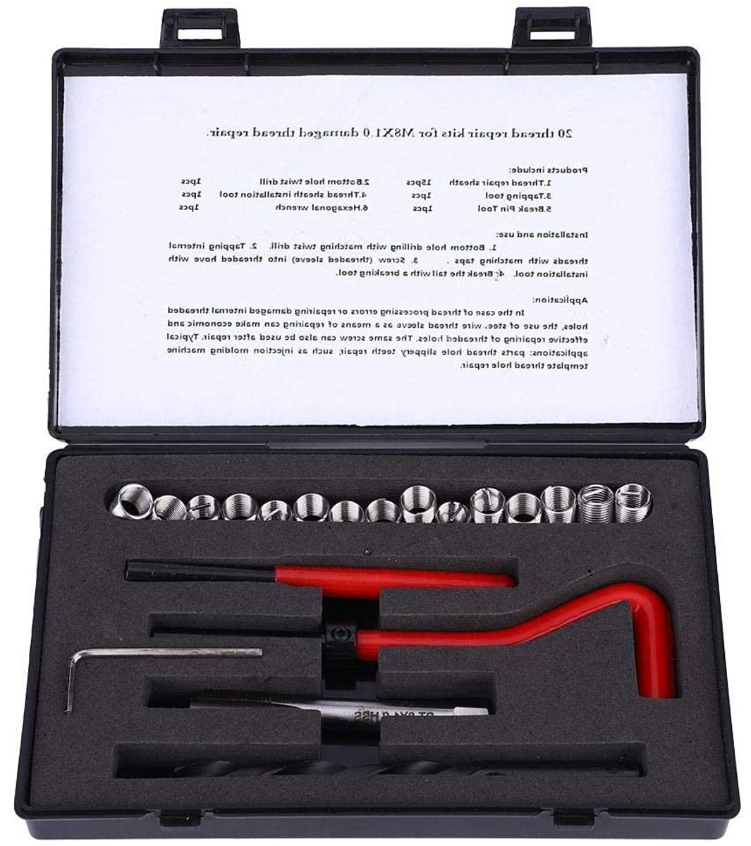 Draadherstelset voor M8x1, roestvrijstalen boor en interne draadreparatiesleeve, inclusief accessoires voor nauwkeurige montage