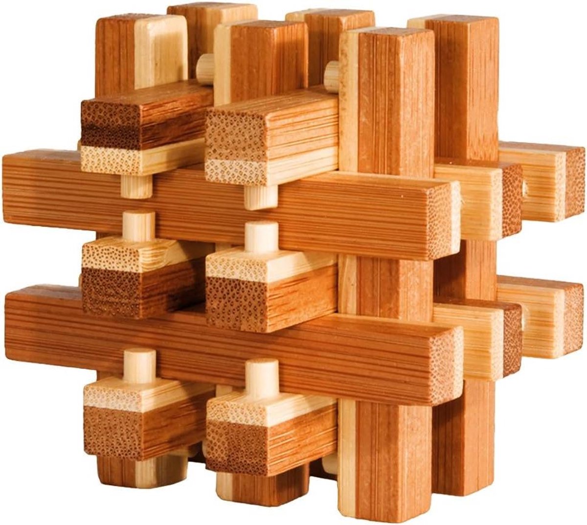 Bamboe Puzzel - Houten Puzzel - Logisch Denken Trainen - Tweekleurig Ontwerp - 9cm Hoog - Natuurlijk Hout