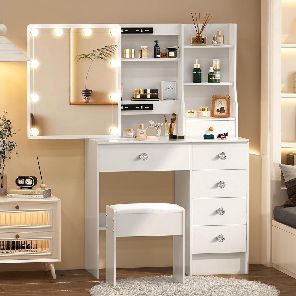 Kaptafel met Verlichting - Make-uptafel Kruk - Make-up Aanbrengen - Schuifspiegel USB-licht - 80 x 36 x 131cm - Wit