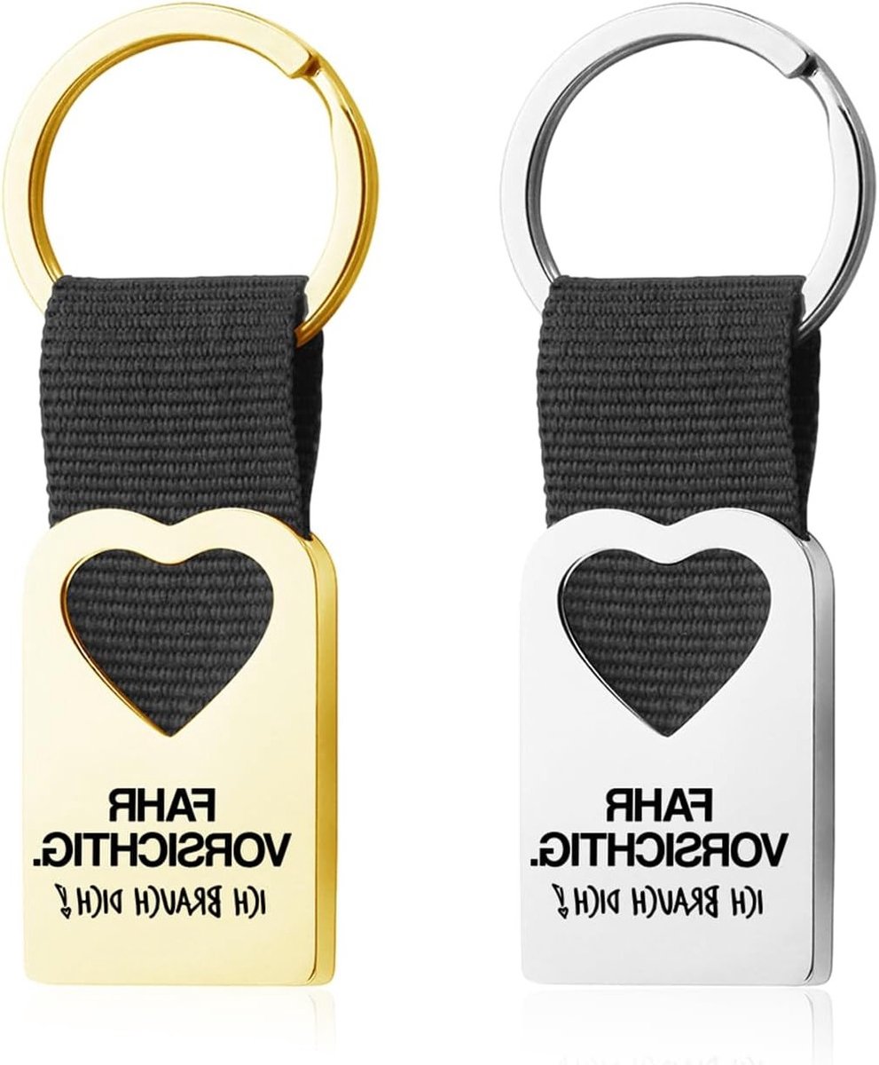 Set van 2 Geweven Sleutelhangers met Gegraveerd Hart, Persoonlijke Sleutelaccessoires, Geluks Pendant voor Auto, Veilig Rijden Sleutelhanger, Goud en Zilver