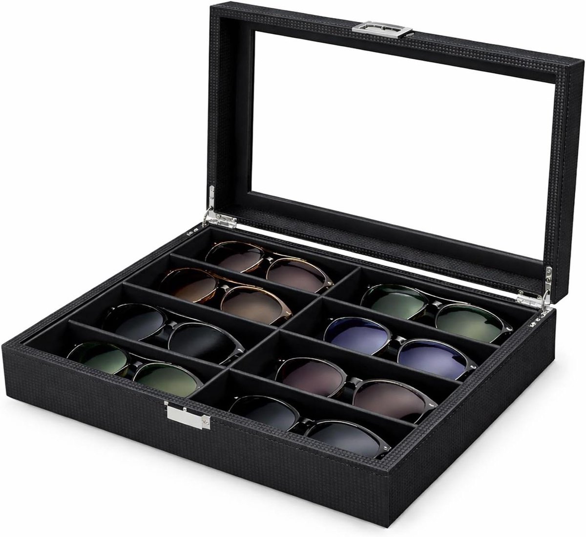 Zonnebrillen Organizer - Brillen Etui - Zonnebrillen Opbergen - 8 Grote Vakken - 36cm x 26cm x 5.5cm - Zwart