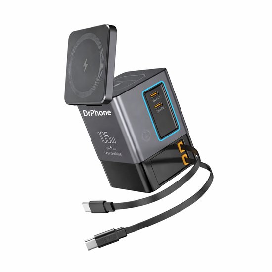 DrPhone CubeCharge – 6-in-1 GaN Snellader 105W – Draadloos Opladen – USB-C PD & USB-A – Intrekbare Kabels 65W – Charging Station Compatibel Met Laptop, iPhone, Tablet & AirPods – Compacte Travel Oplader