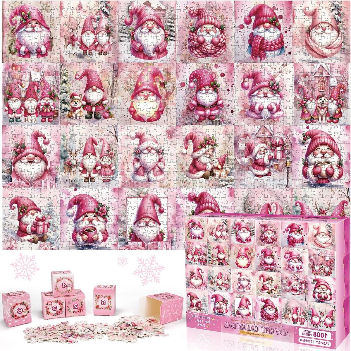 Puzzel Adventskalender - Kerst Kalender - Gezinsactiviteit - 24 Dagen Puzzelplezier - 1008 Stukjes - Roze