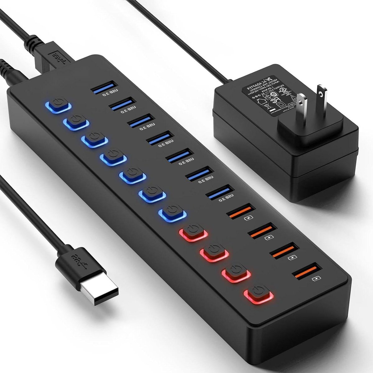 USB Hub met Voeding - USB Splitter Hub - Apparaten Aansluiten - 11 Poorten Individueel - 100cm Kabel - Zwart