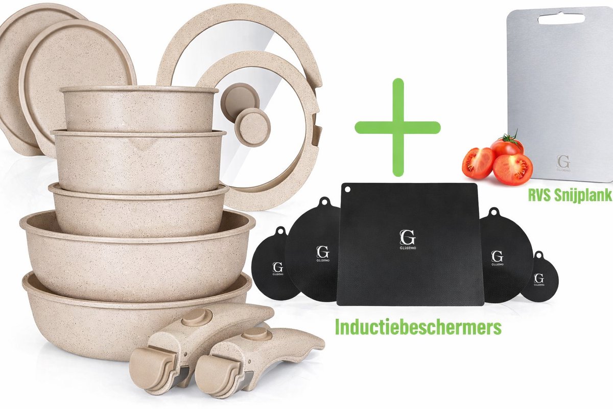 Glissimo Cookware - 21-delige Keramische Pannenset met Inductiebeschermers en RVS Snijplank – Stapelbaar, Afneembare Handgreep, PFAS-vrij, Geschikt voor alle warmtebronnen - Creme