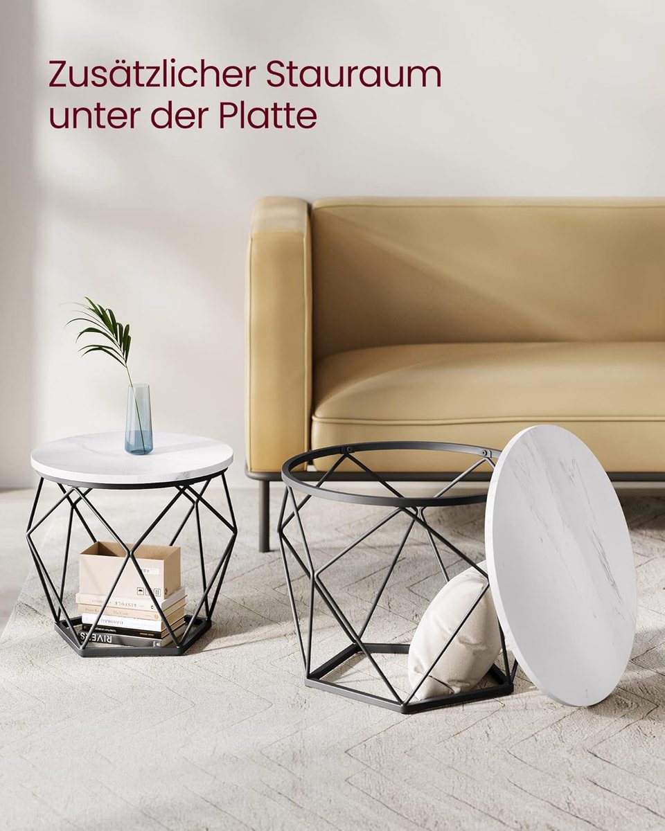 Salontafel set van 2 rond 50/40 cm – Moderne bijzettafel met afneembaar blad marmer wit en zwart staal – Compacte woonkamertafel voor kleine ruimtes – Urbanhome