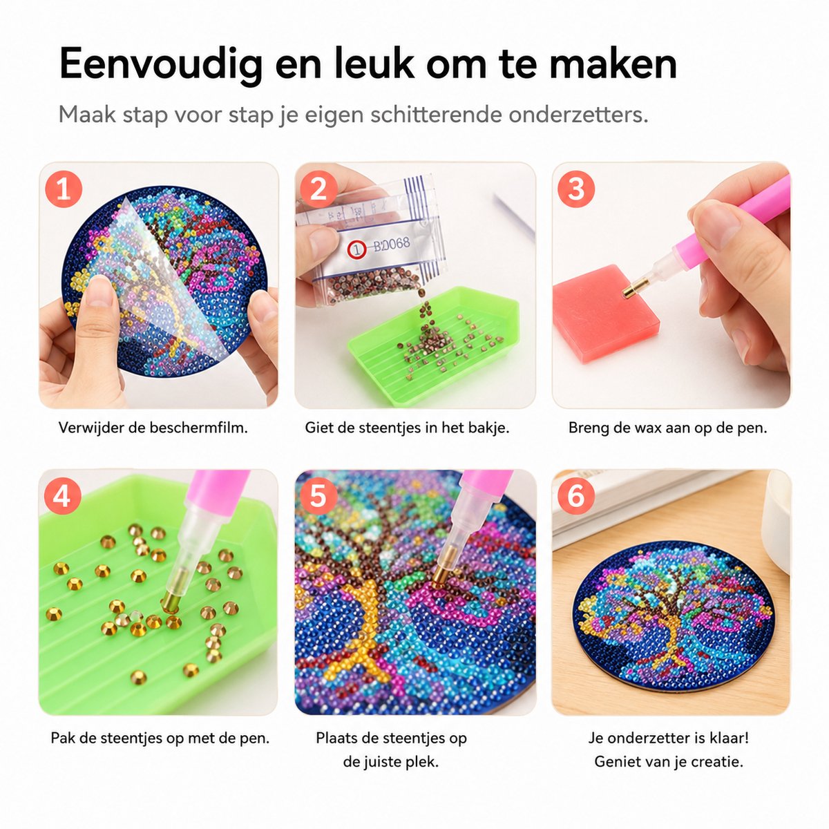 BOTC Diamond Painting - Onderzetters met Houder - Set van 8 - Pakket Volwassenen en Kinderen - Cadeau — afbeelding 2