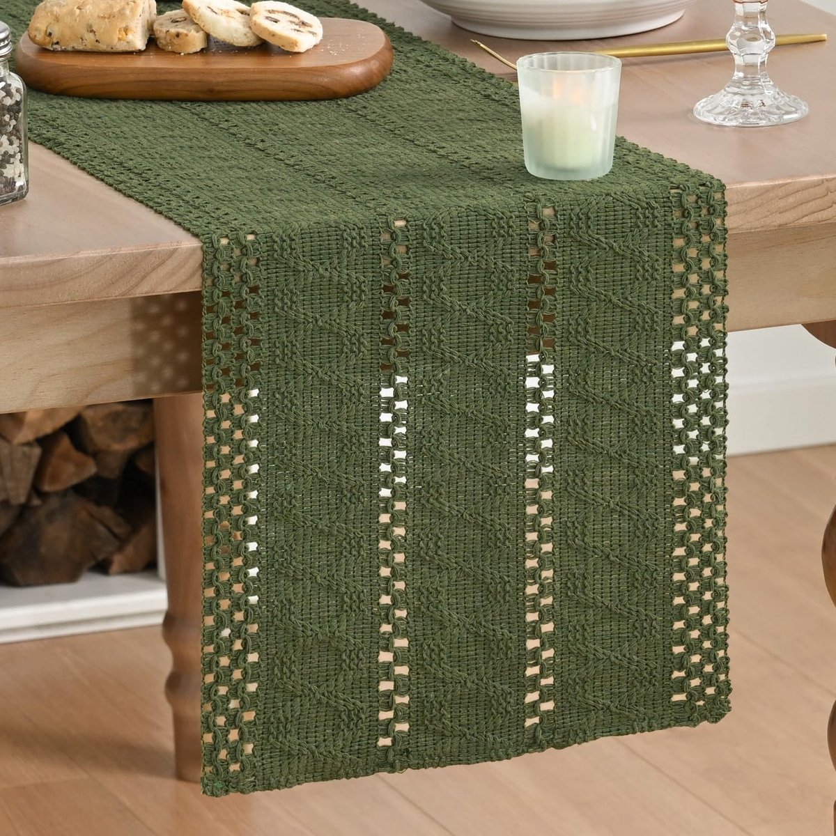 Dailygoods - Olijfgroene Geweven Tafelloper 30x183 cm voor Rustieke Interieurs