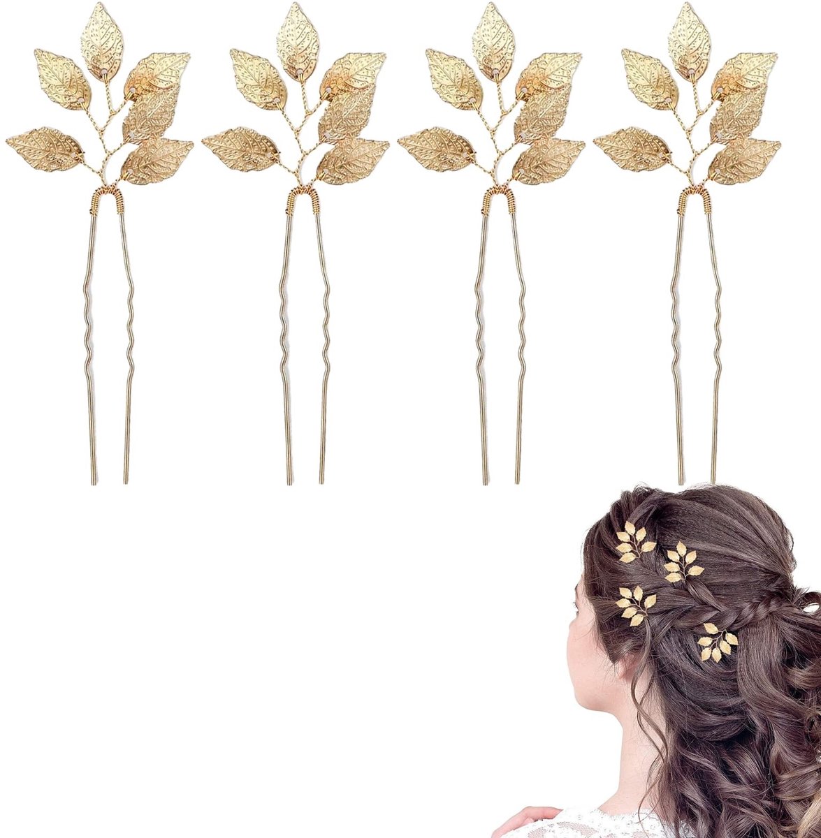 Dailygoods - 4 Stuks Elegante Gouden Eucalyptus Blad Haarspelden