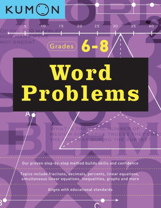 Titel van Kumon werkboek: "Word Problems" voor groep 6-8, met voorbeelden van wiskundige vraagstukken.