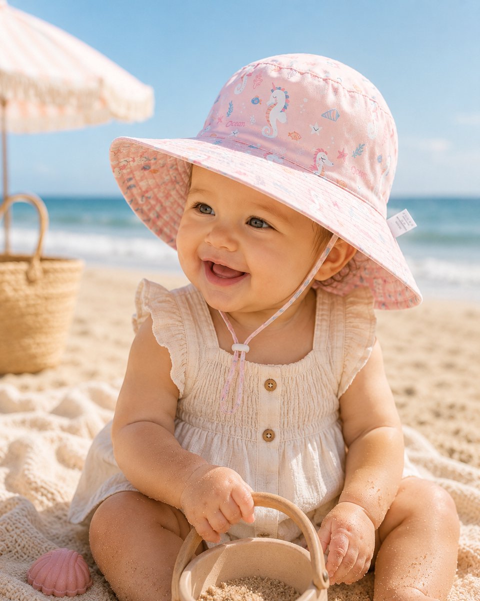 Zonnehoedje Baby Meisje Roze Zeepaardjes – UV Zomerhoedje met Koord – Labelmaat 50, valt als 48 (6-18 maanden)