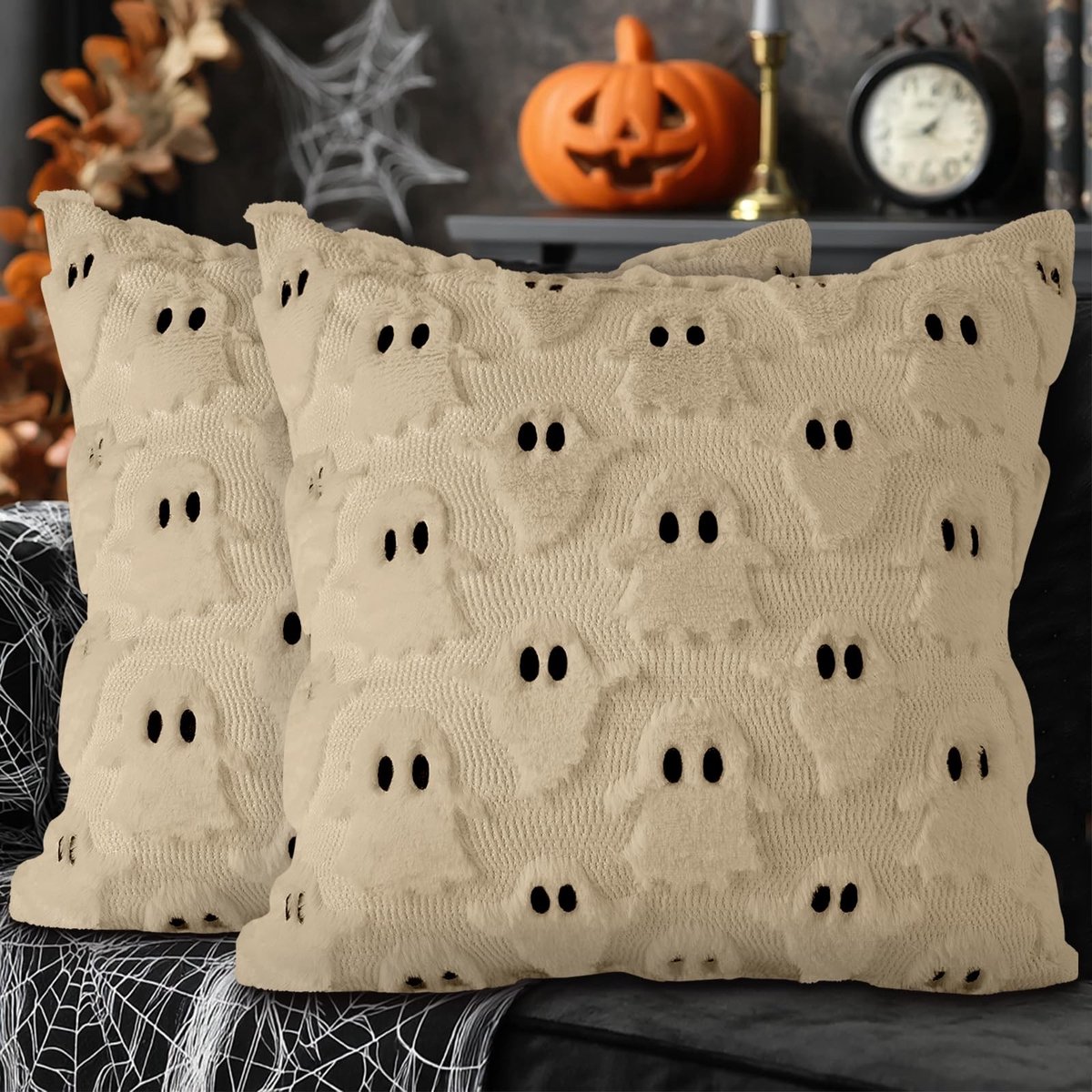 Dailygoods - Cosensi - Dailygoody - Sierkussenslopen - Halloween Kussenslopen - Zachte pluche stof - Beige - Decoratie voor binnen - Set van 2 - 50 x 50 cm