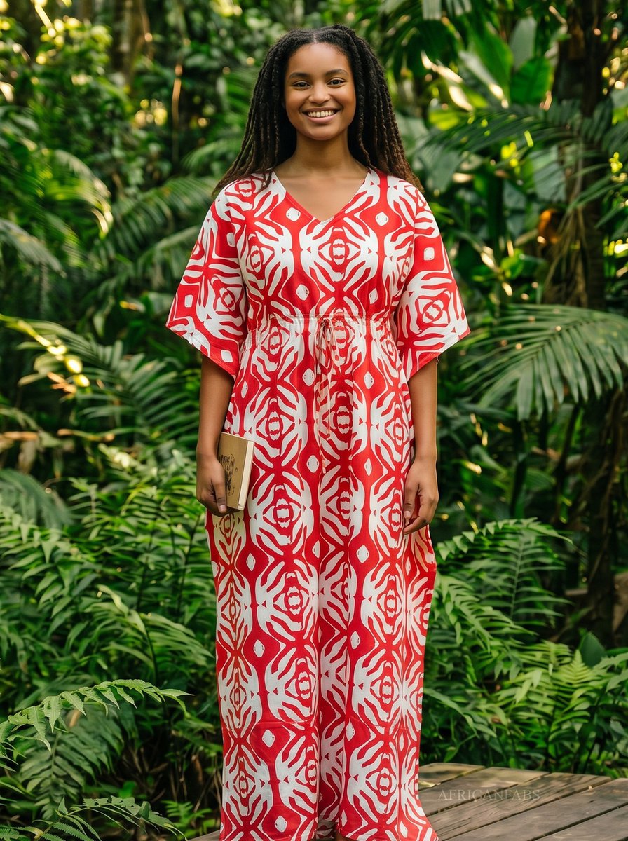 Boho rayon kaftan jurk met tailleband - Rood Wit Tribal Wave - Strand Cover Up Caftan Maxi Jurk