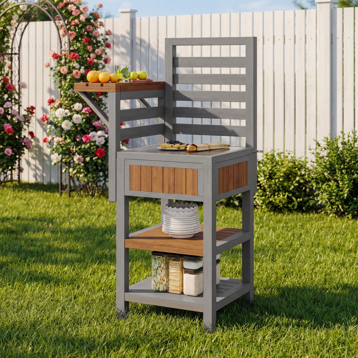 Re-purelife® massief houten tuinkast voor buiten - weerbestendige opbergkast met RVS werkblad, dubbel schap en extra opbergruimte - naturel massief hout 74×54×149 cm