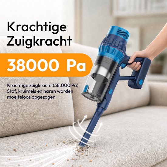 Blauwe steelstofzuiger met krachtige zuigkracht van 38000 Pa, zuigt moeiteloos stof en kruimels op.