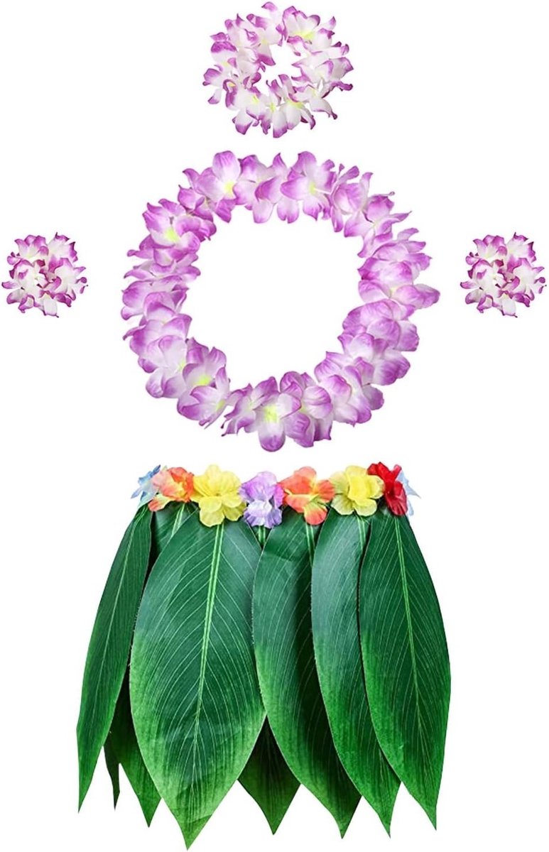 Vijfdelige Hula Rok Set met Bloemenhoofdband, Armbanden en Ketting voor Luau Feest, Ideaal voor Vrouwen en Meisjes