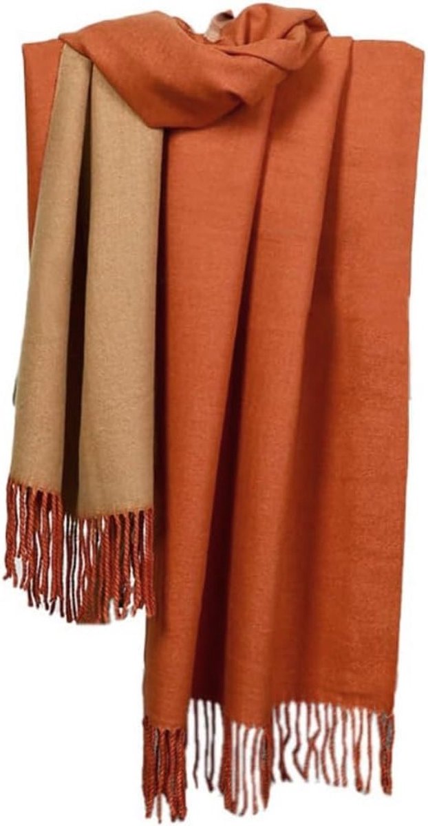 Warme en Gezellige Dubbellaagse Sjaal voor de Winter met Franje - Oversized Vierkante Dekensjaal van 200 x 70 cm in Camel Beige, Perfect voor Koud Weer en Modebewuste Vrouwen