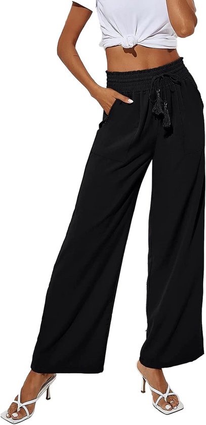 Zwarte wijde pijpen broek met hoge taille, trekkoord en zakken.