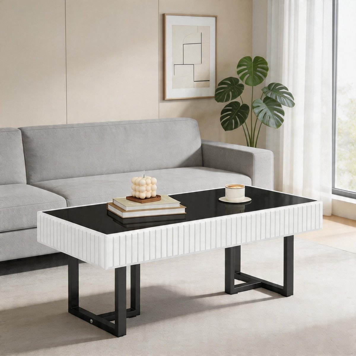 Komhtom - Moderne klassieke salontafel in zwart-wit - Hoogglanzend zwart tafelblad - Woonkamertafel van 110×50,5×41 cm
