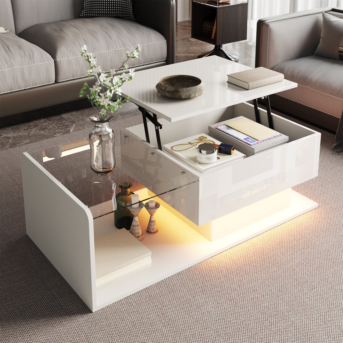 Salontafel — Hoogglans wit — In hoogte verstelbaar, met ledverlichting en gehard glas — 100 x 50 x 33/47,5 cm
