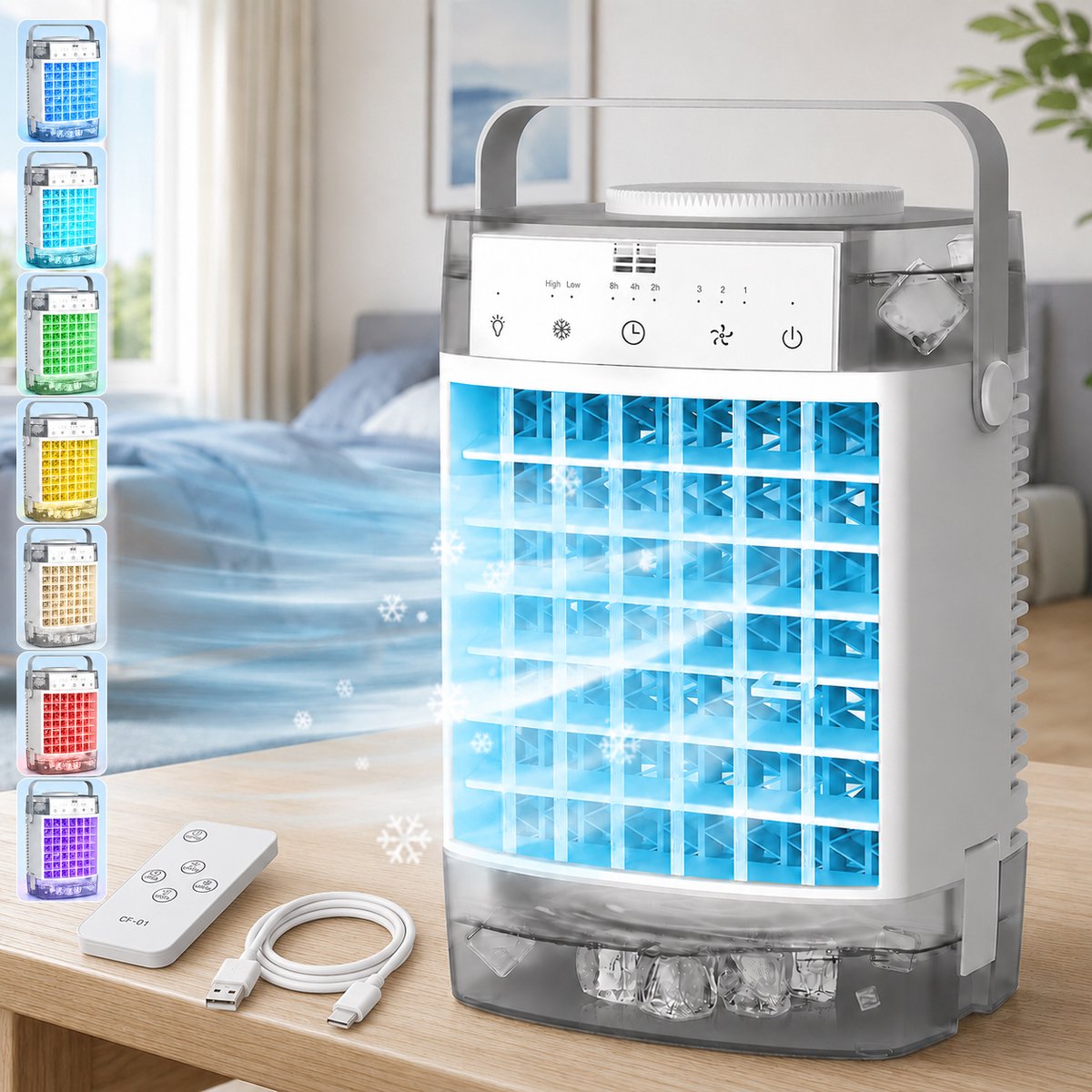 Rosnek 4-in-1 Mini Airco & Luchtkoeler - Aircooler Zonder Afvoerslang met 1600ML Dubbel Waterreservoir - Tafelventilator met Luchtbevochtiger & Nachtlampje - USB - Draagbaar voor Slaapkamer & Kantoor - Grijs