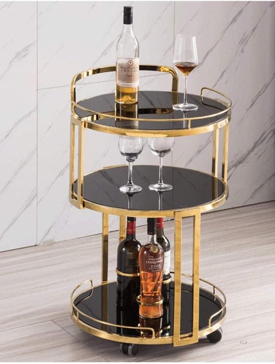 Serveertrolley op Wielen 59x59x79 cm – Opvouwbare Luxe Keuken Trolley & Bar Cart voor Dranken, Thee & Entertaining – Champagne Zwart – Mobili Bella