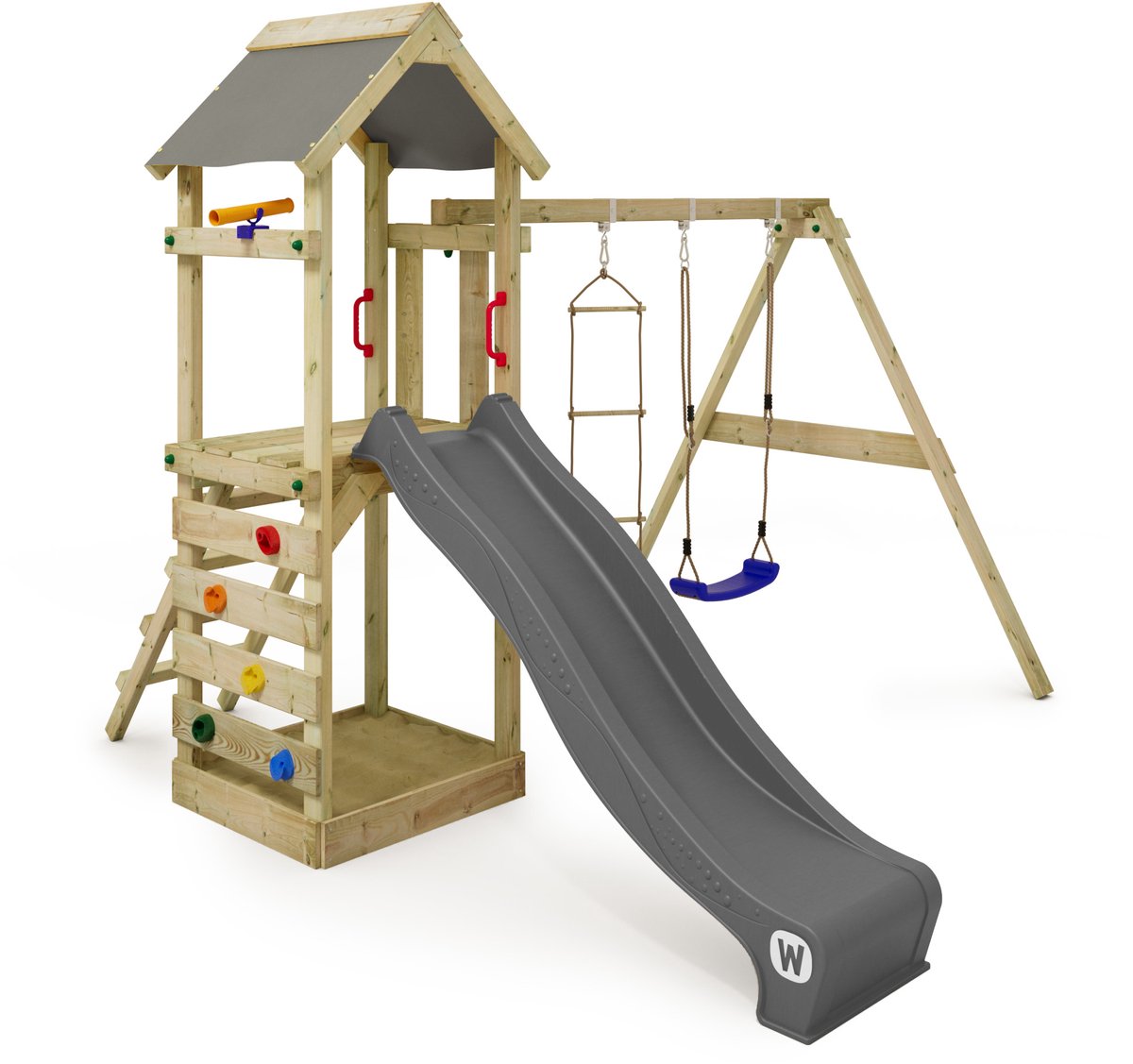 WICKEY speeltoestel klimtoestel FreeFlyer met schommel en antracietkleurige glijbaan outdoor speeltoestel voor kinderen met zandbak ladder en speelaccessoires voor de tuin