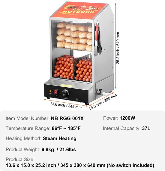 NordHaus Hotdogstomer - Professionele Warmhoudvitrine - Broodjeswarmer met Stoomverwarming - Instelbare Temperatuur 30-85°C - 36L — afbeelding 5