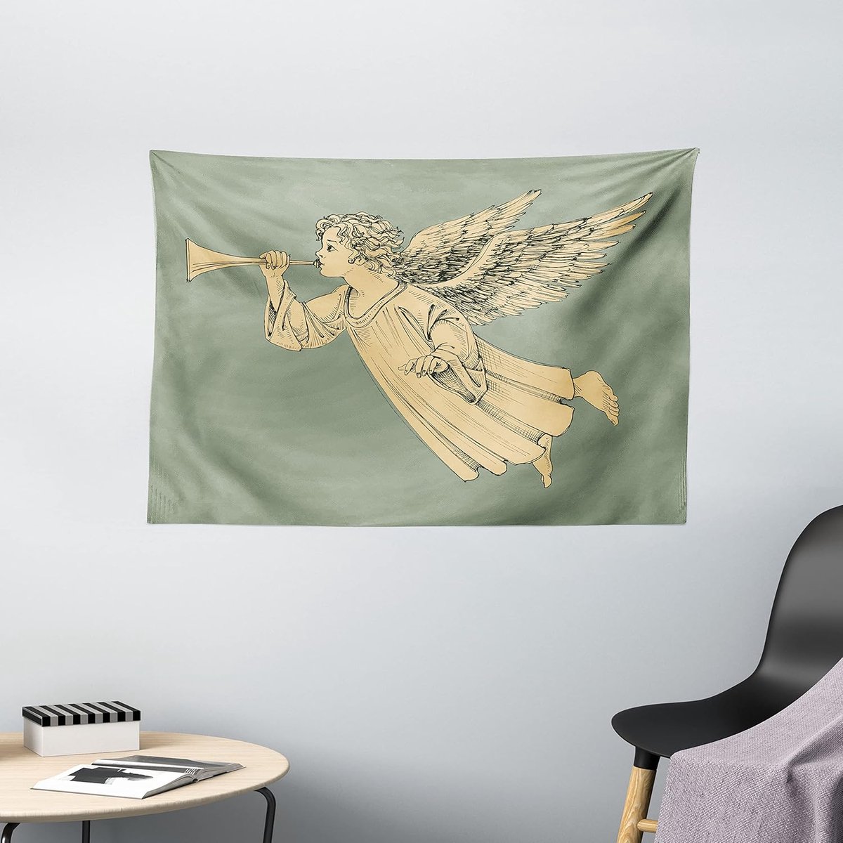 ABAKUHAUS Kerstwandtapijt, Vliegende Engelenkunst, Woonkamer Slaapkamer Wanddoek Zijdezacht Satijn Wandtapijt, 150 x 100 cm, Geel Geelgroen