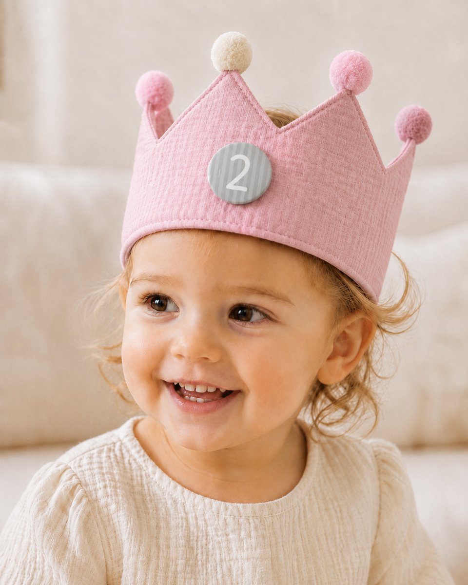Verjaardag - Verjaardagskroon - Baby - Hoedje - Kroon - 100% Katoen - 1 tot 10 - buttons - roze