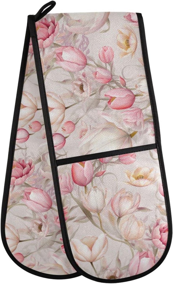 Dubbele Ovenwanten - Keuken Wanten - Koken en Bakken - Extra Lange Bescherming - 35 x 7 Inch - Bloemenprint Grijs
